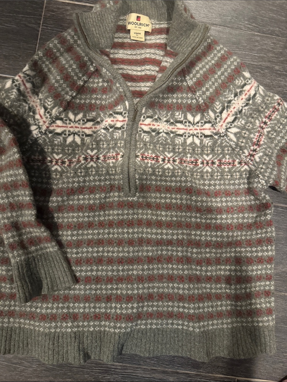 Woolrich Olive, Cream & Burgundy Fair Isle Zip-Neck Sweater